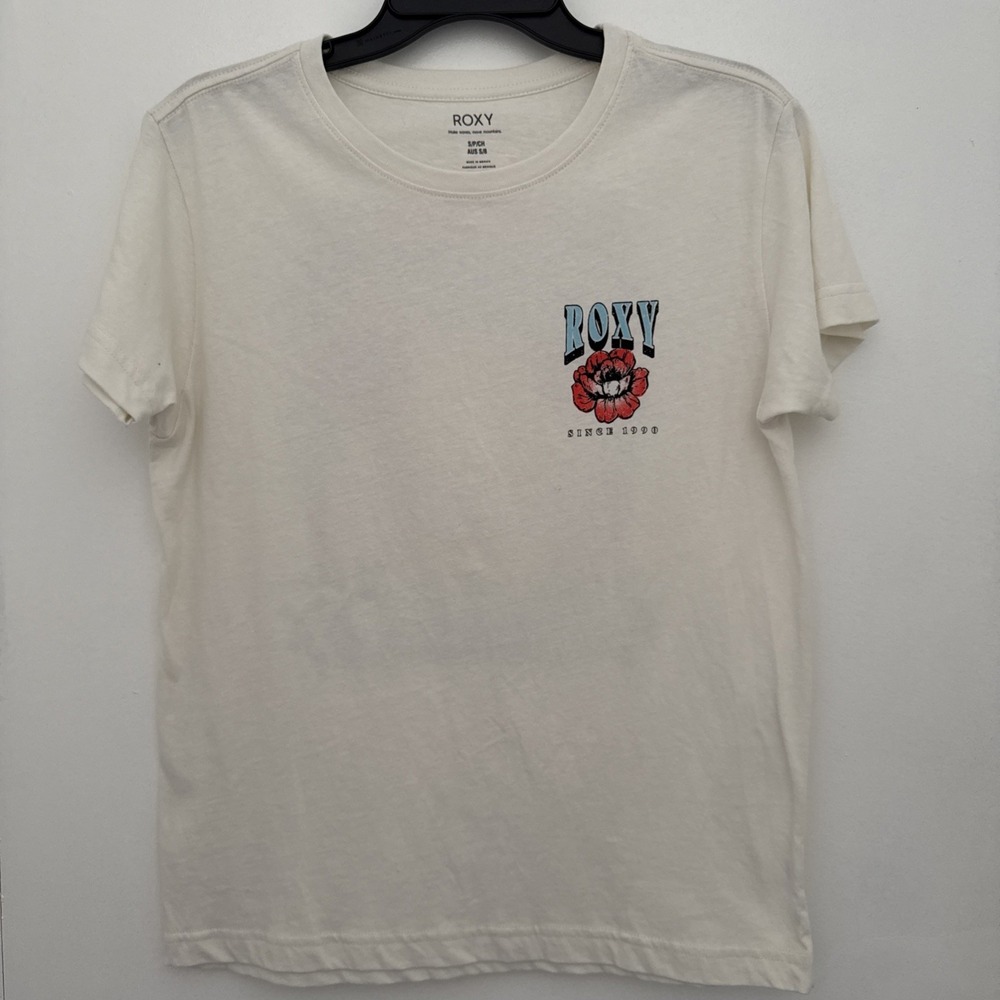 ROXY T-Shirt Womens S Off-White Short Sleeve Stacked Retro 90s Skater Streetwear